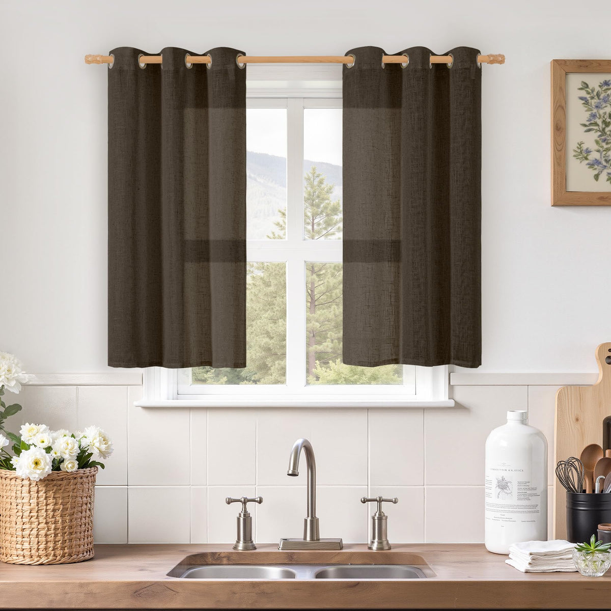 LAMIT Natural Faux Linen Curtains for Bedroom, Bronze Grommet Light Filtering Burlap Drapes, Set of 2 Panels