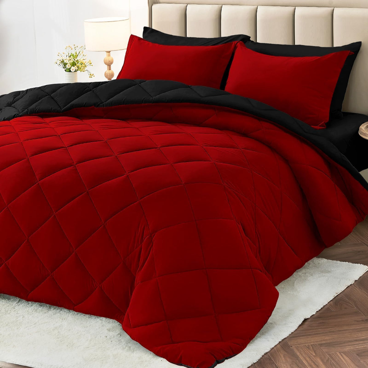 MUXHOMO 7 Pieces Comforter Set, Reversible Bed in a Bag for All Season, Bedding Set with Comforter, Flat Sheet, Fitted Sheet, Pillowcases & Shams