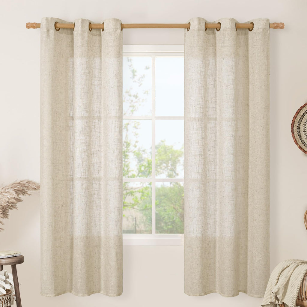 LAMIT Natural Faux Linen Curtains for Bedroom, Bronze Grommet Light Filtering Burlap Drapes, Set of 2 Panels
