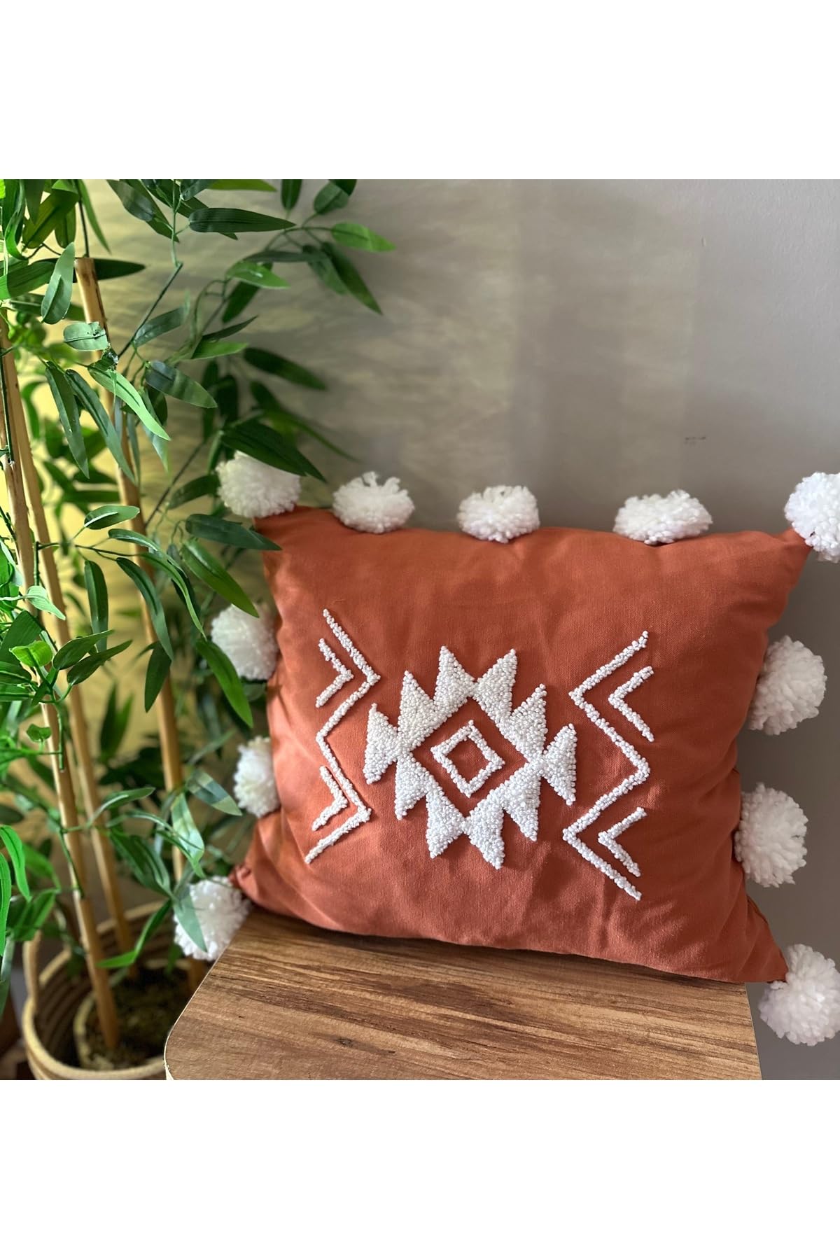 SODEF Decorative Throw Pillow Cover with Pom Poms, 18x18 in, Linen Cushion Cover, Bohemian Style, Orange - Orange