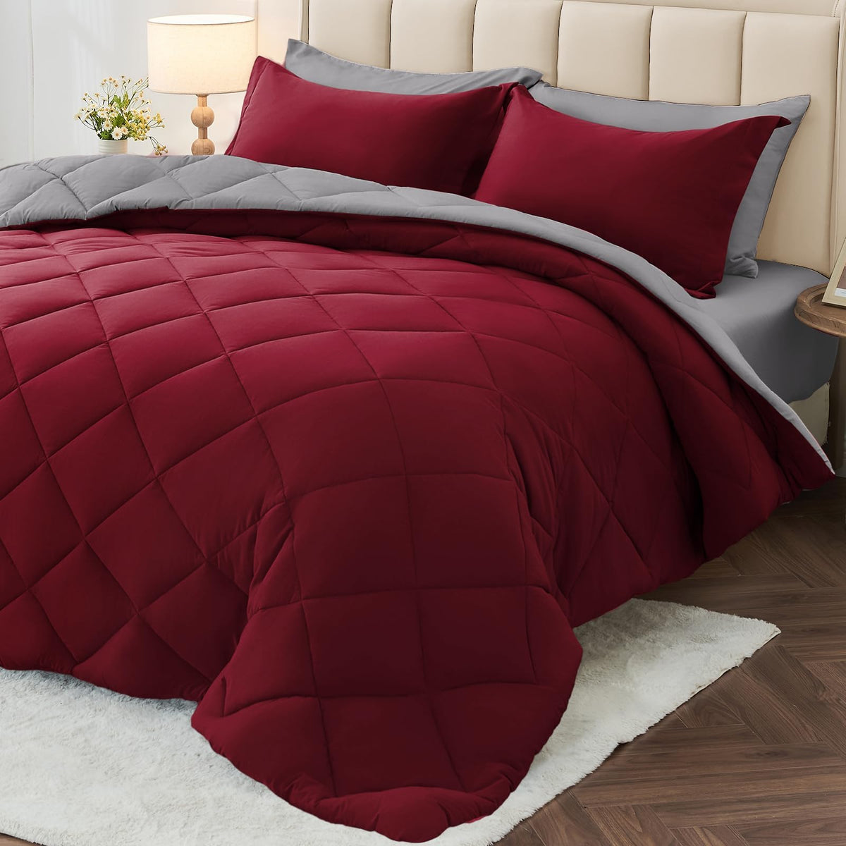 MUXHOMO 7 Pieces Comforter Set, Reversible Bed in a Bag for All Season, Bedding Set with Comforter, Flat Sheet, Fitted Sheet, Pillowcases & Shams