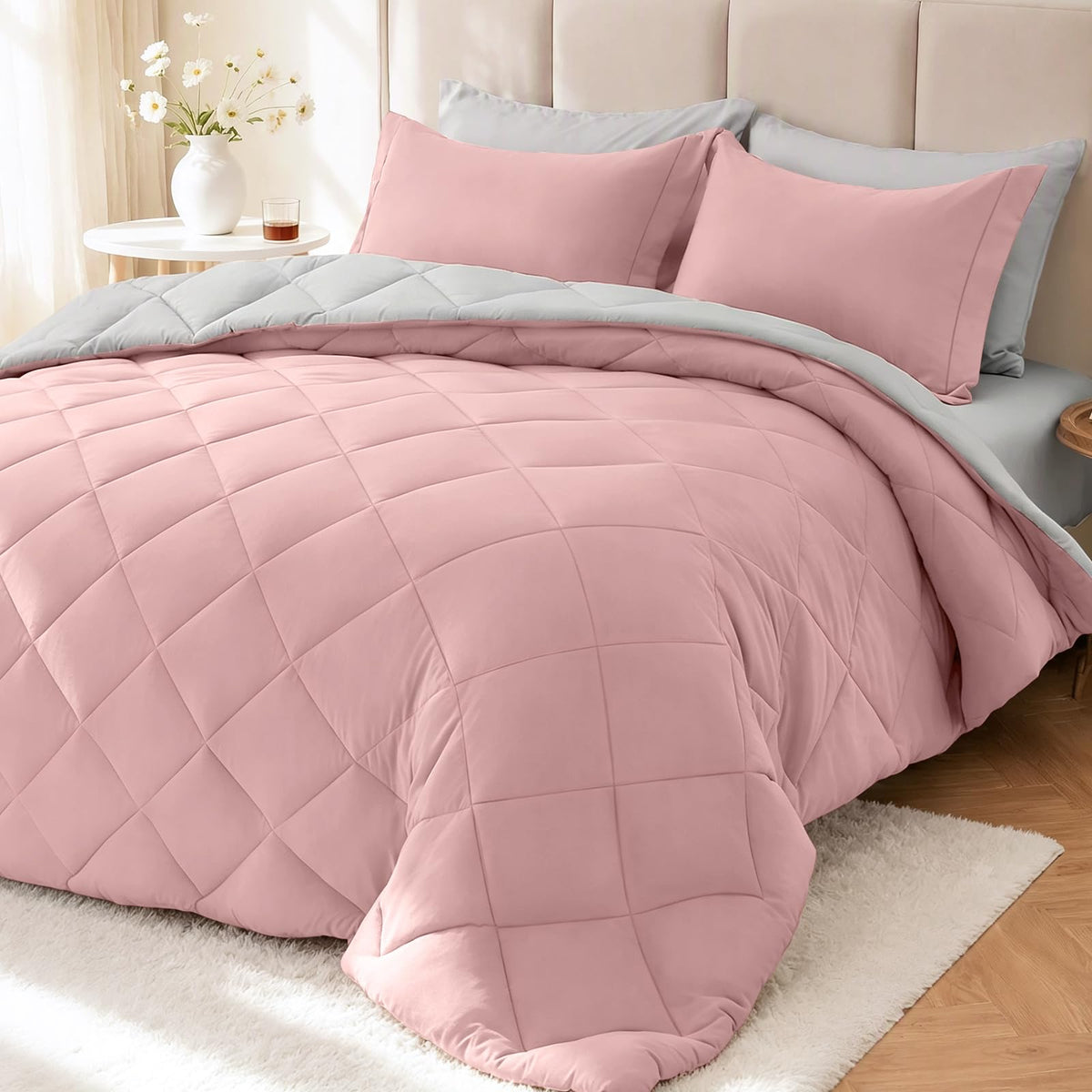 MUXHOMO 7 Pieces Comforter Set, Reversible Bed in a Bag for All Season, Bedding Set with Comforter, Flat Sheet, Fitted Sheet, Pillowcases & Shams