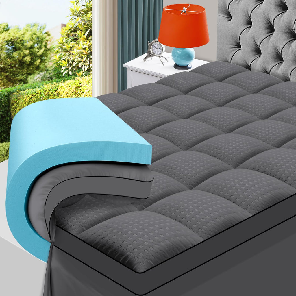 MASVIS Dual Layer 4 Inch Memory Foam Mattress Topper, 2 Inch Gel Memory Foam and 2 Inch Cooling Pillow Top Mattress Cover for Back Pain
