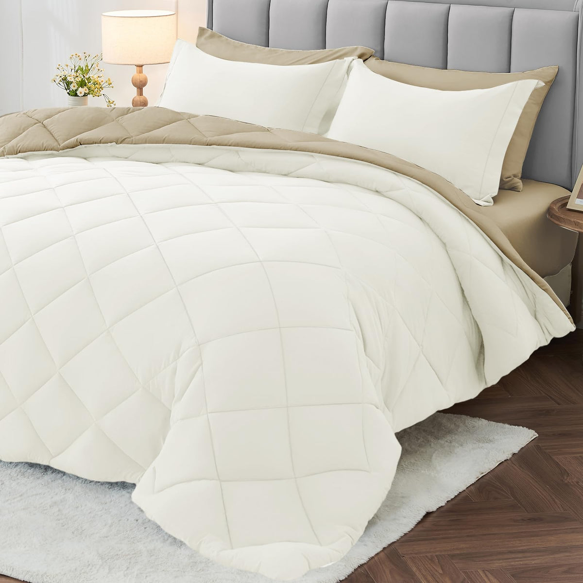 MUXHOMO 7 Pieces Comforter Set, Reversible Bed in a Bag for All Season, Bedding Set with Comforter, Flat Sheet, Fitted Sheet, Pillowcases & Shams