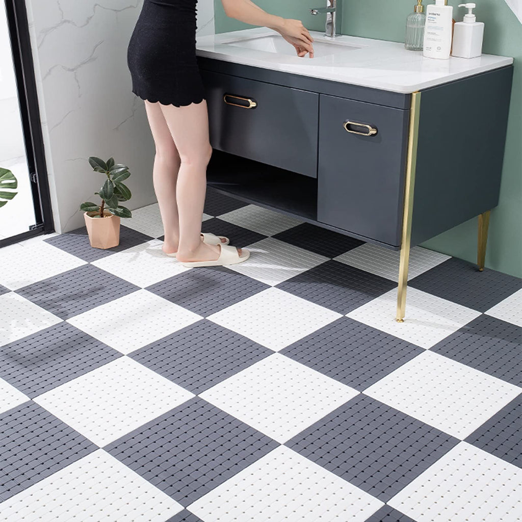 Bathroom Rug Mat，Floor Mat PVC Non-Slip Rubber Bath Mat 30x30cm Interlocking Rubber Floor Tiles, with Drainage Holes and Suction Cups for Bathroom Kitchen Gym