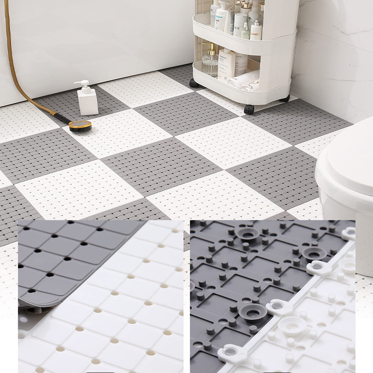 Bathroom Rug Mat，Floor Mat PVC Non-Slip Rubber Bath Mat 30x30cm Interlocking Rubber Floor Tiles, with Drainage Holes and Suction Cups for Bathroom Kitchen Gym