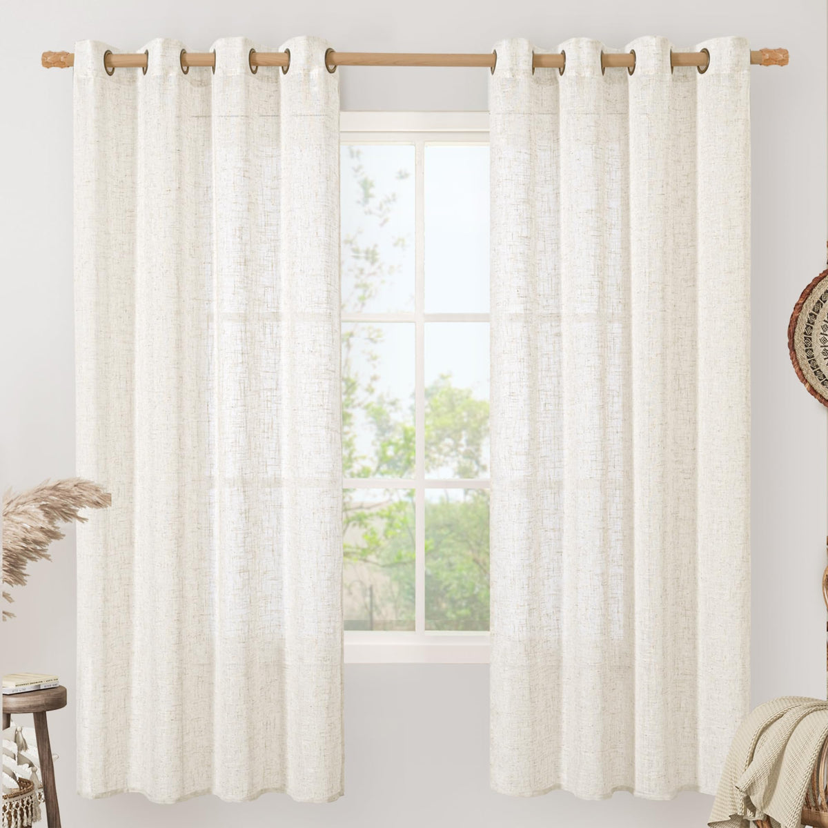LAMIT Natural Faux Linen Curtains for Bedroom, Bronze Grommet Light Filtering Burlap Drapes, Set of 2 Panels