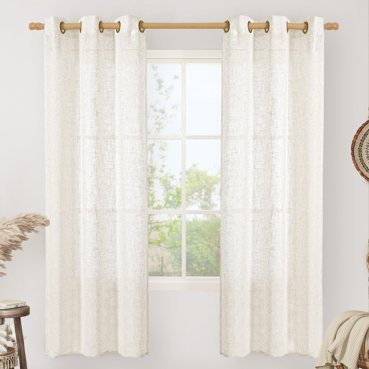 LAMIT Natural Faux Linen Curtains for Bedroom, Bronze Grommet Light Filtering Burlap Drapes, Set of 2 Panels