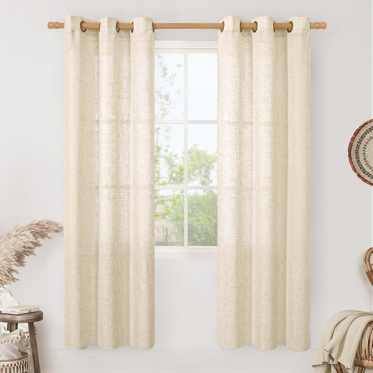 LAMIT Natural Faux Linen Curtains for Bedroom, Bronze Grommet Light Filtering Burlap Drapes, Set of 2 Panels