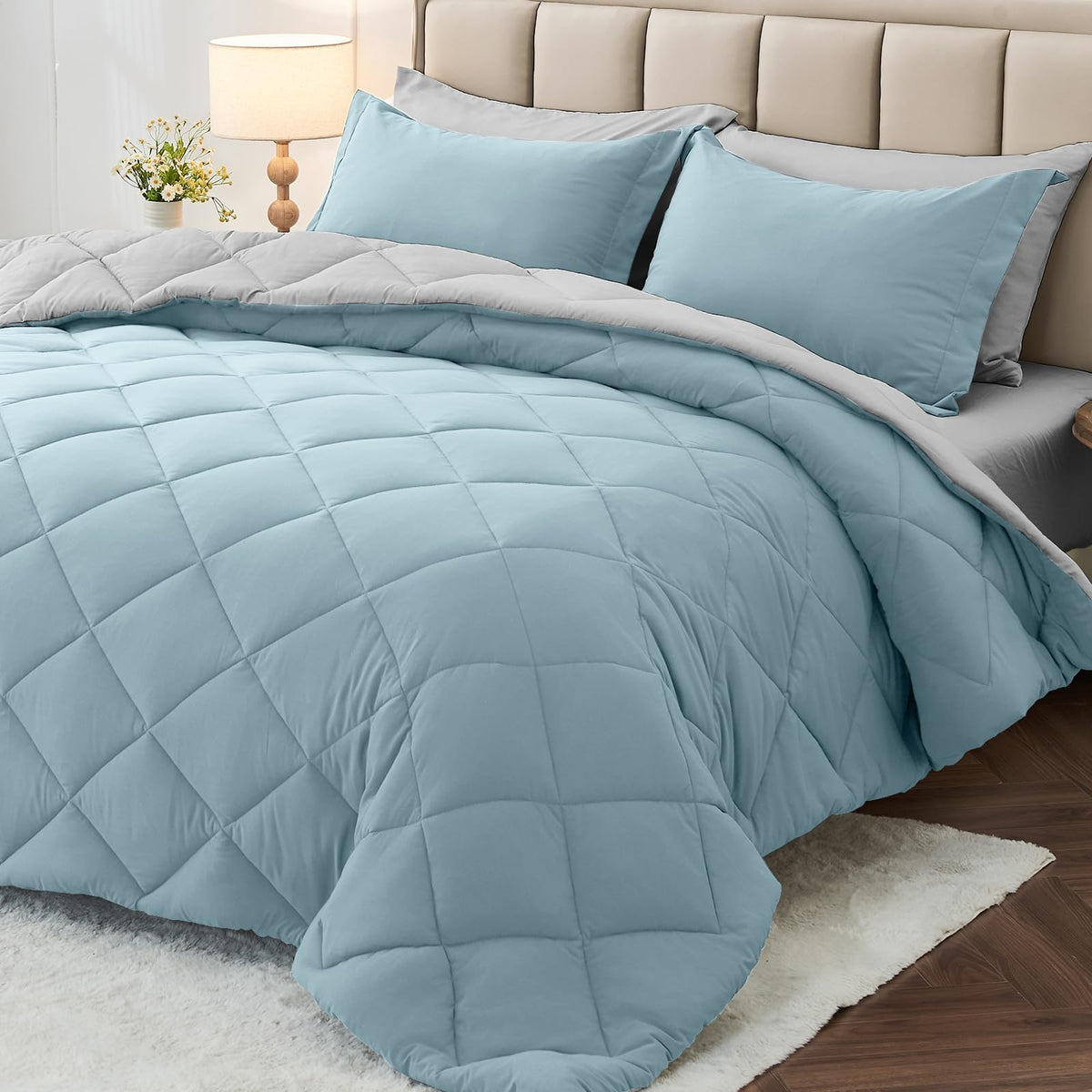 MUXHOMO 7 Pieces Comforter Set, Reversible Bed in a Bag for All Season, Bedding Set with Comforter, Flat Sheet, Fitted Sheet, Pillowcases & Shams