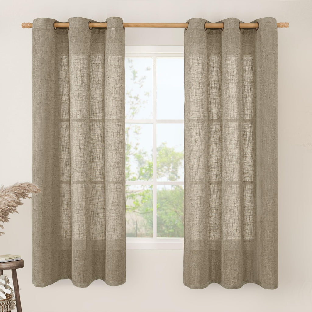 LAMIT Natural Faux Linen Curtains for Bedroom, Bronze Grommet Light Filtering Burlap Drapes, Set of 2 Panels