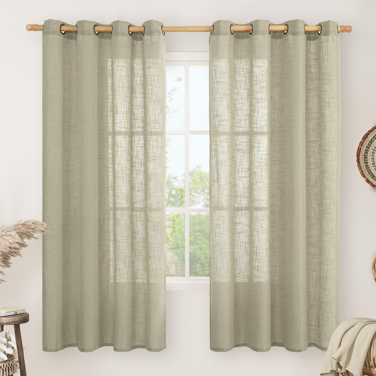 LAMIT Natural Faux Linen Curtains for Bedroom, Bronze Grommet Light Filtering Burlap Drapes, Set of 2 Panels