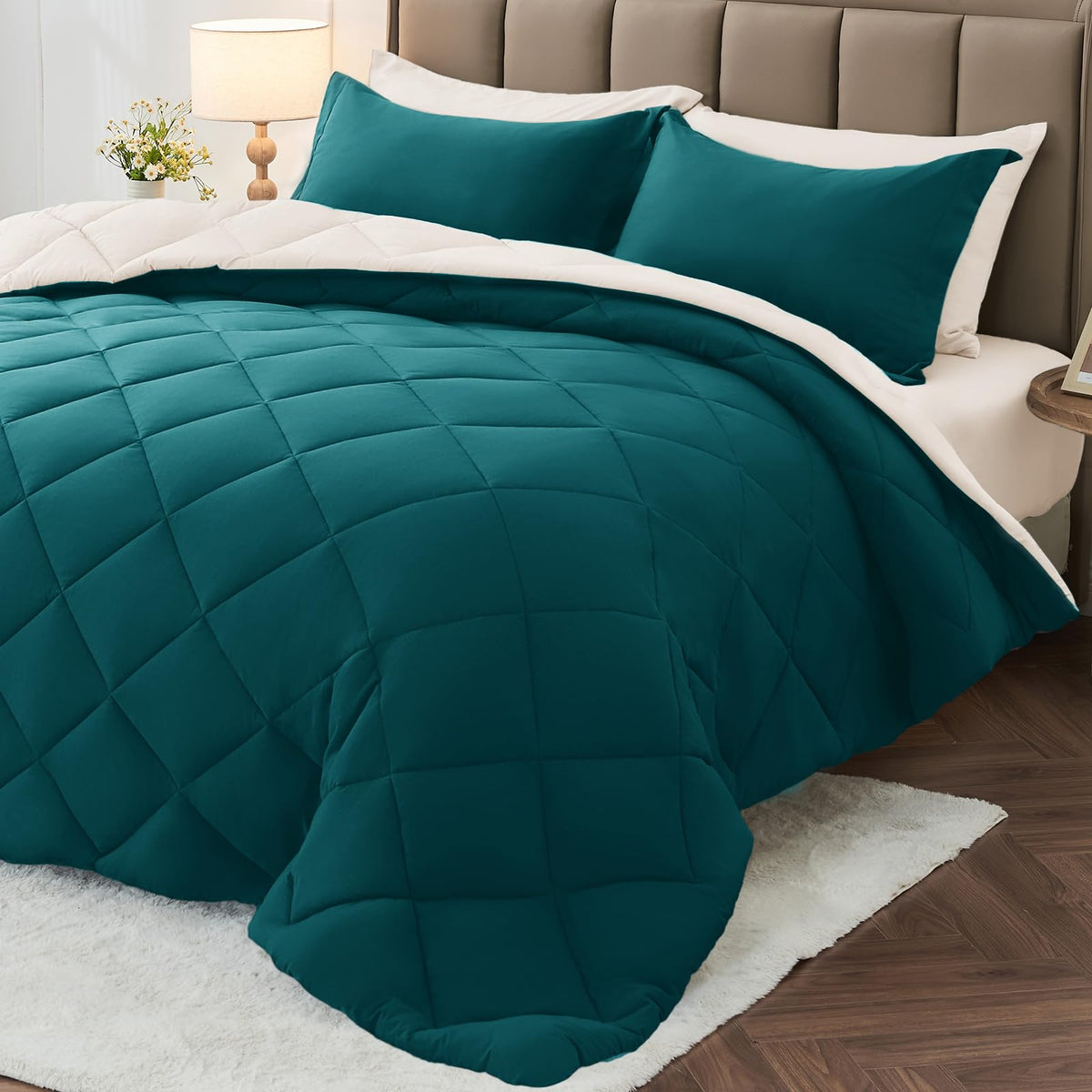 MUXHOMO 7 Pieces Comforter Set, Reversible Bed in a Bag for All Season, Bedding Set with Comforter, Flat Sheet, Fitted Sheet, Pillowcases & Shams