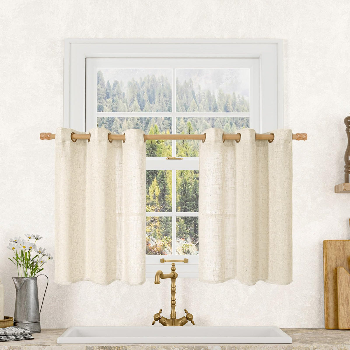 LAMIT Natural Faux Linen Curtains for Bedroom, Bronze Grommet Light Filtering Burlap Drapes, Set of 2 Panels
