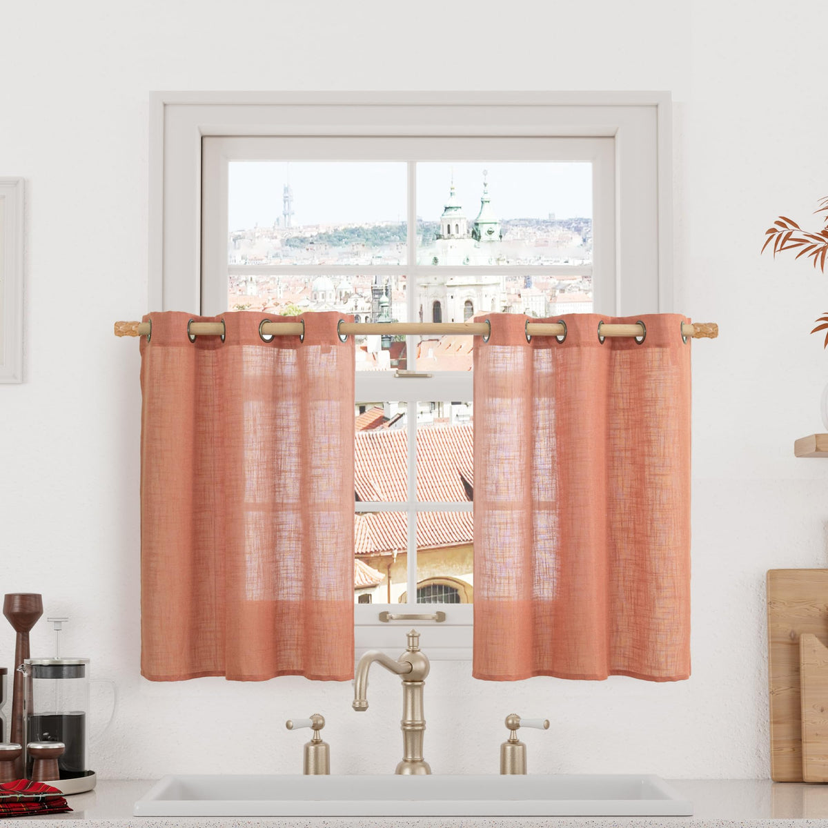 LAMIT Natural Faux Linen Curtains for Bedroom, Bronze Grommet Light Filtering Burlap Drapes, Set of 2 Panels