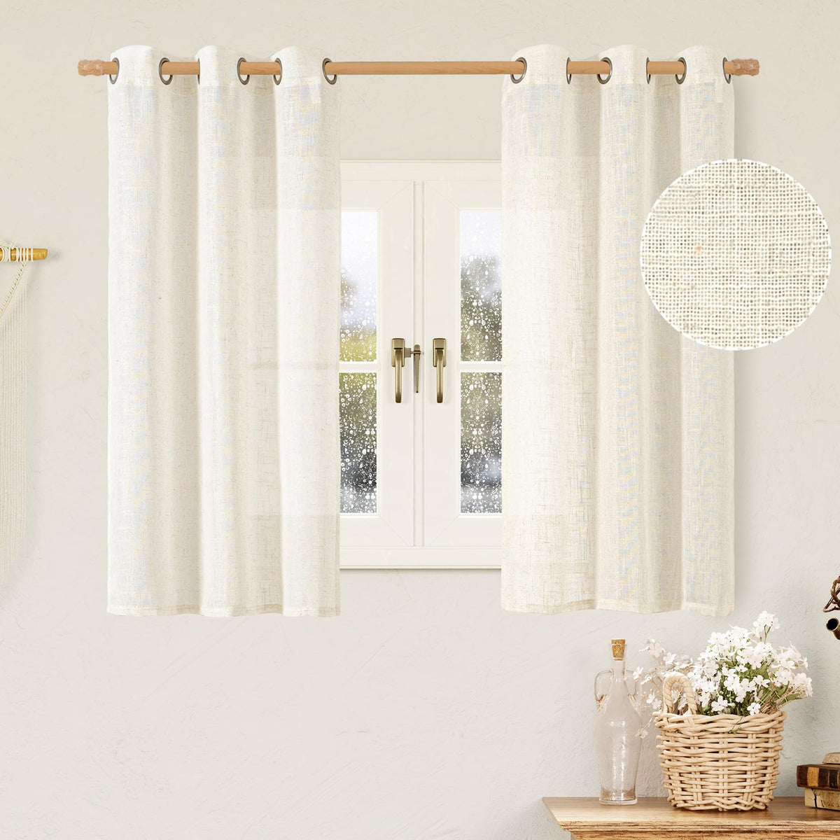 LAMIT Natural Faux Linen Curtains for Bedroom, Bronze Grommet Light Filtering Burlap Drapes, Set of 2 Panels