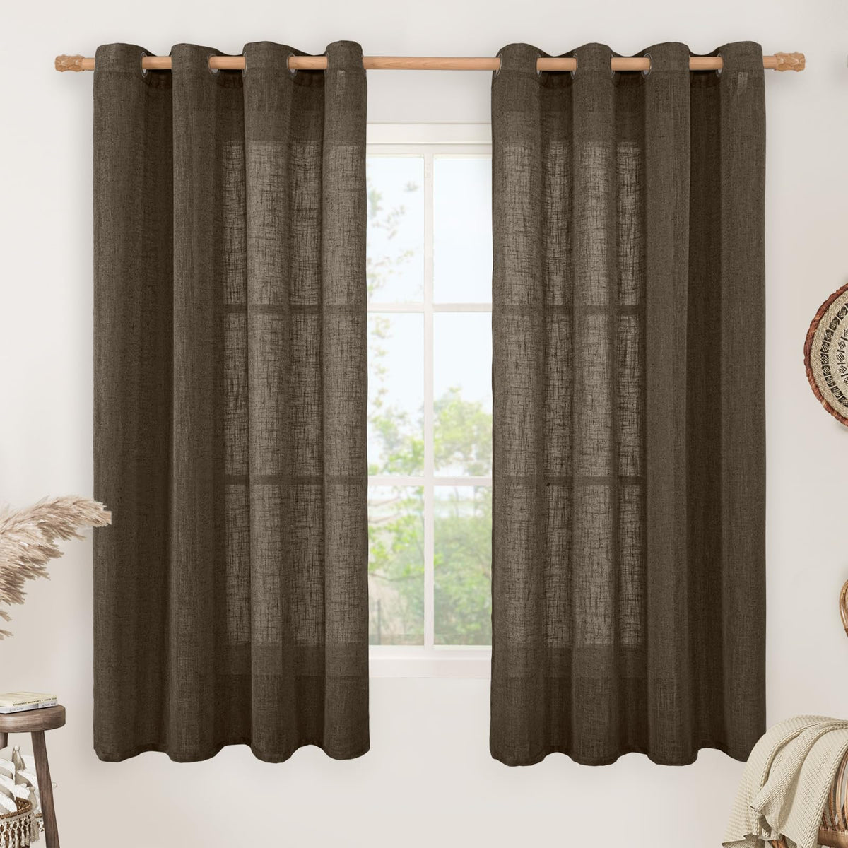 LAMIT Natural Faux Linen Curtains for Bedroom, Bronze Grommet Light Filtering Burlap Drapes, Set of 2 Panels