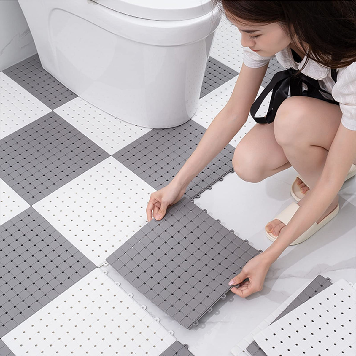 Bathroom Rug Mat，Floor Mat PVC Non-Slip Rubber Bath Mat 30x30cm Interlocking Rubber Floor Tiles, with Drainage Holes and Suction Cups for Bathroom Kitchen Gym