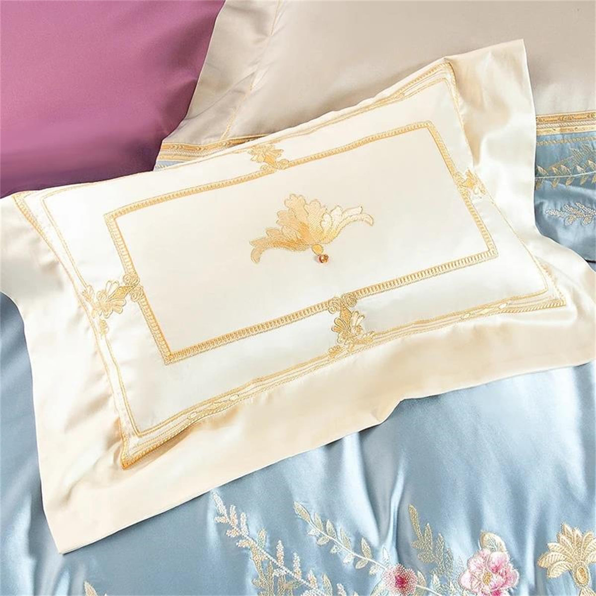 YUSIWOAL Queen King Size 8 Piece Premium Luxury Embroidery Satin Cotton Bedding Set with 800Tc Textured Weave Cover Fitted/Flat Sheet and Decor Pillows