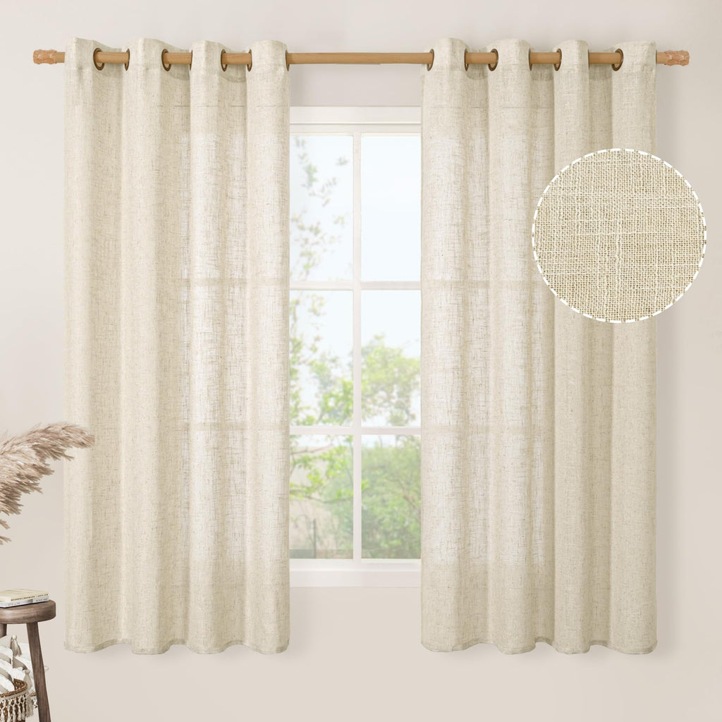 LAMIT Natural Faux Linen Curtains for Bedroom, Bronze Grommet Light Filtering Burlap Drapes, Set of 2 Panels