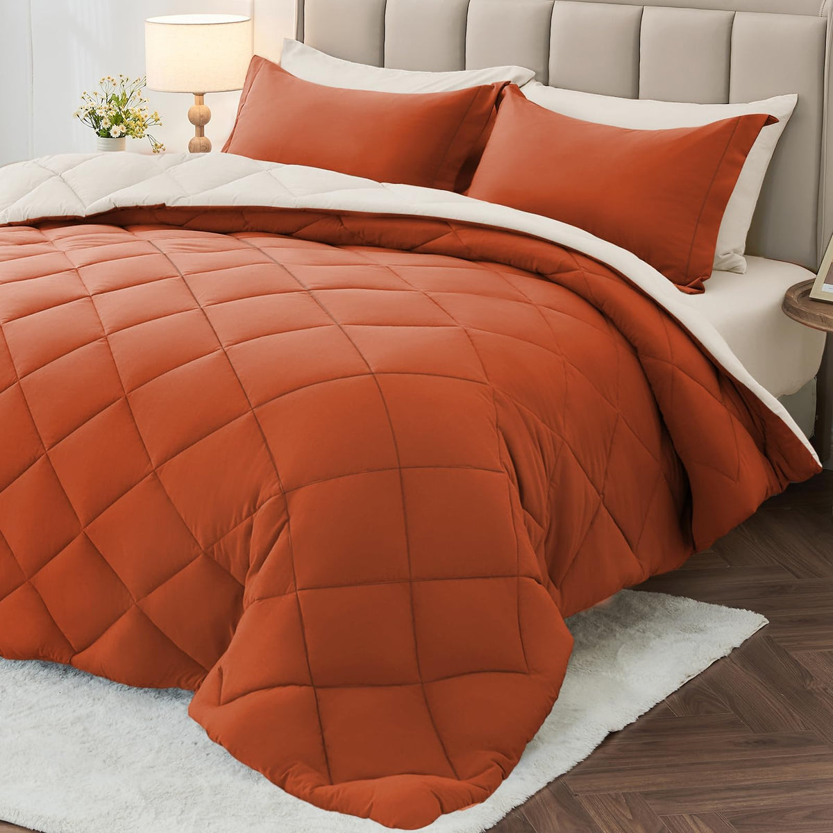 MUXHOMO 7 Pieces Comforter Set, Reversible Bed in a Bag for All Season, Bedding Set with Comforter, Flat Sheet, Fitted Sheet, Pillowcases & Shams