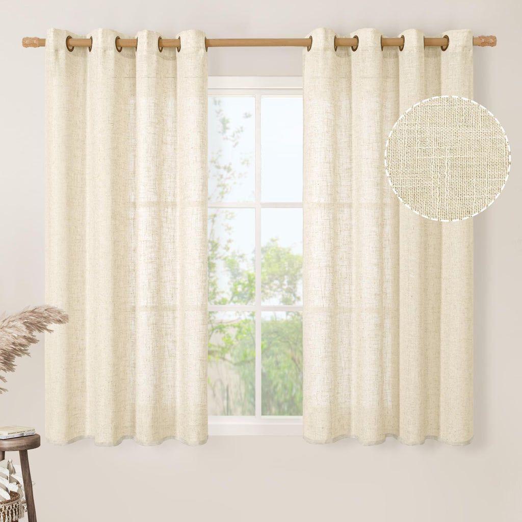 LAMIT Natural Faux Linen Curtains for Bedroom, Bronze Grommet Light Filtering Burlap Drapes, Set of 2 Panels
