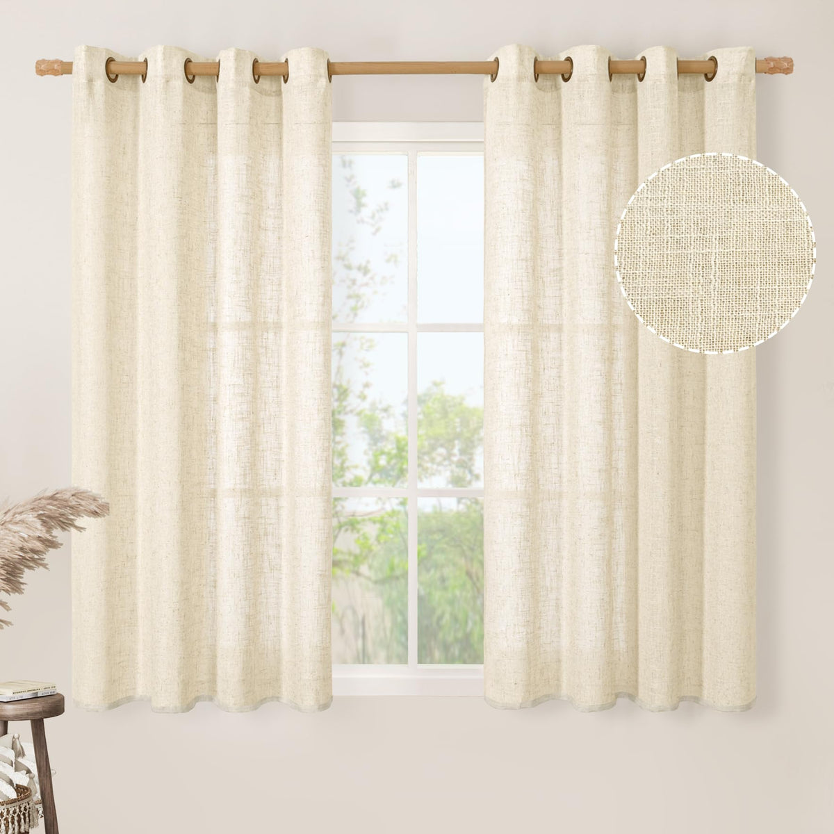 LAMIT Natural Faux Linen Curtains for Bedroom, Bronze Grommet Light Filtering Burlap Drapes, Set of 2 Panels