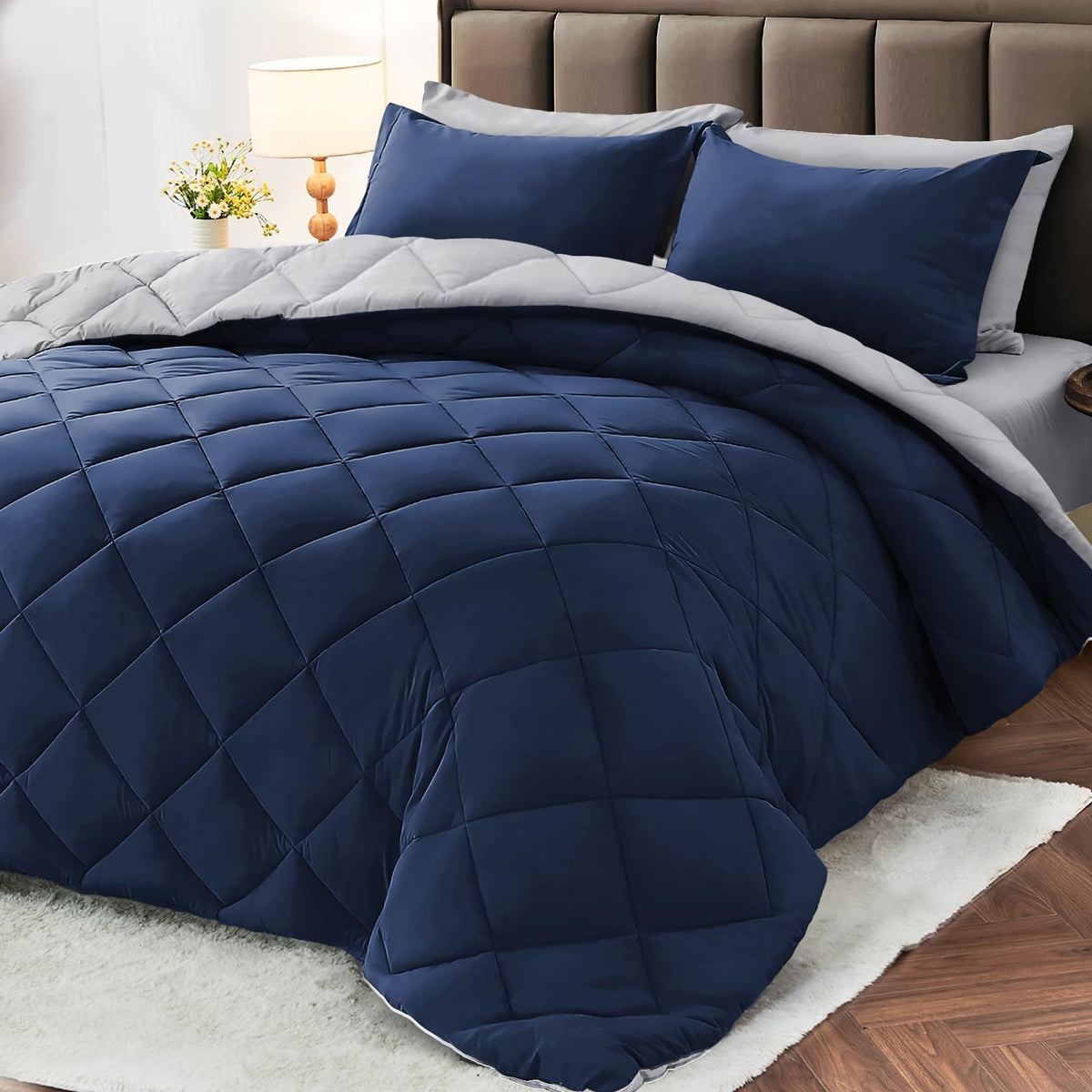 MUXHOMO 7 Pieces Comforter Set, Reversible Bed in a Bag for All Season, Bedding Set with Comforter, Flat Sheet, Fitted Sheet, Pillowcases & Shams