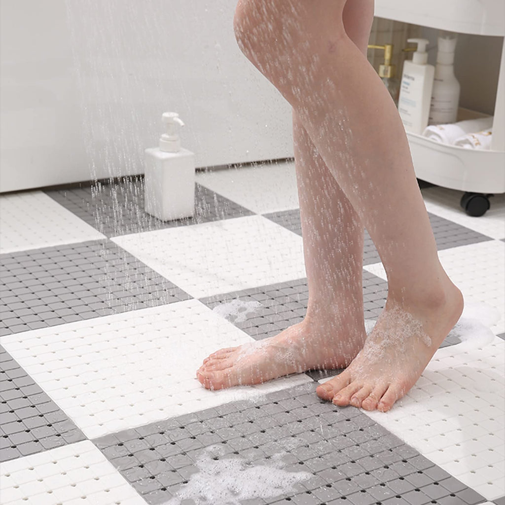 Bathroom Rug Mat，Floor Mat PVC Non-Slip Rubber Bath Mat 30x30cm Interlocking Rubber Floor Tiles, with Drainage Holes and Suction Cups for Bathroom Kitchen Gym