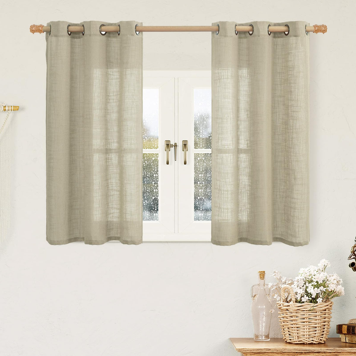 LAMIT Natural Faux Linen Curtains for Bedroom, Bronze Grommet Light Filtering Burlap Drapes, Set of 2 Panels
