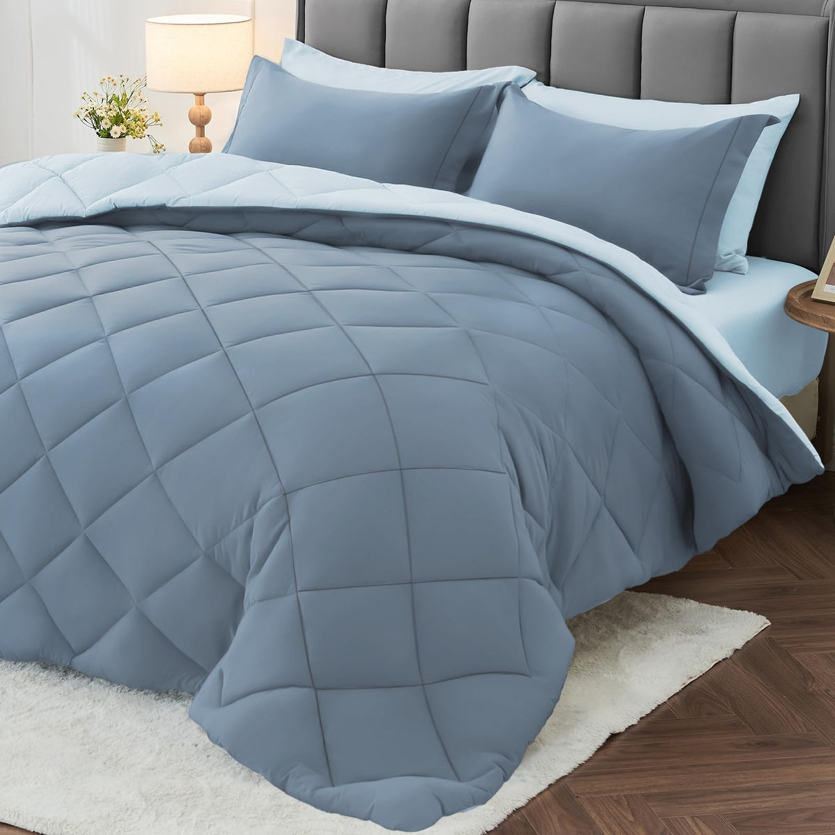 MUXHOMO 7 Pieces Comforter Set, Reversible Bed in a Bag for All Season, Bedding Set with Comforter, Flat Sheet, Fitted Sheet, Pillowcases & Shams