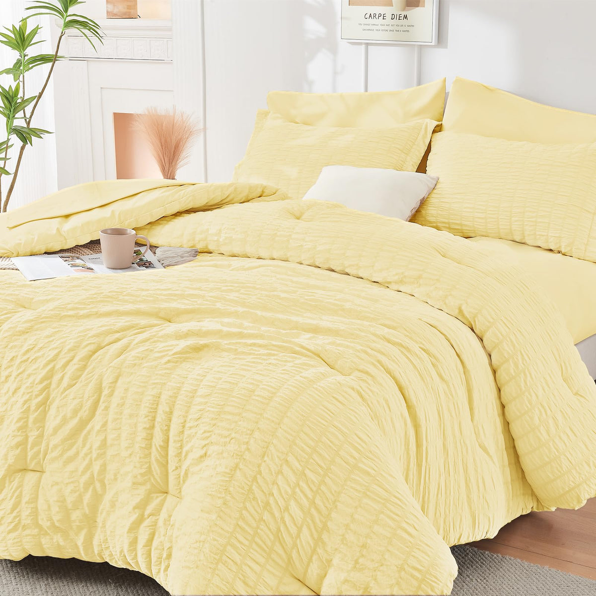 HYMOKEGE Comforter Set Seersucker 7 Pieces, All Season Luxury Bed in a Bag for Bedroom, Bedding Set with Comforters, Sheets, Pillowcases & Shams