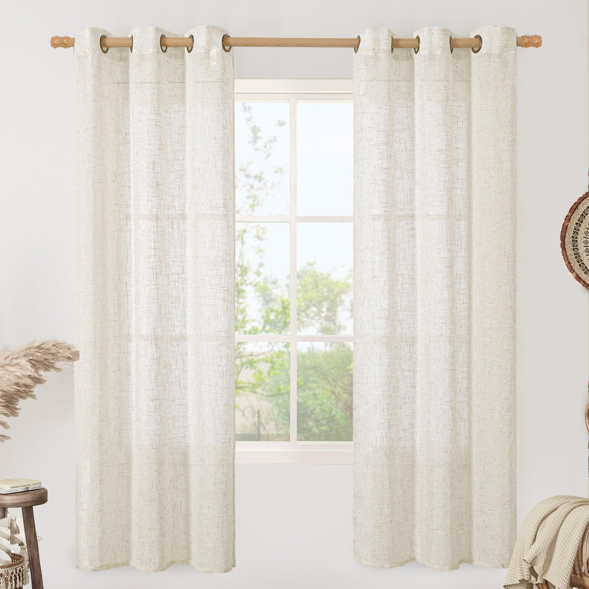 LAMIT Natural Faux Linen Curtains for Bedroom, Bronze Grommet Light Filtering Burlap Drapes, Set of 2 Panels