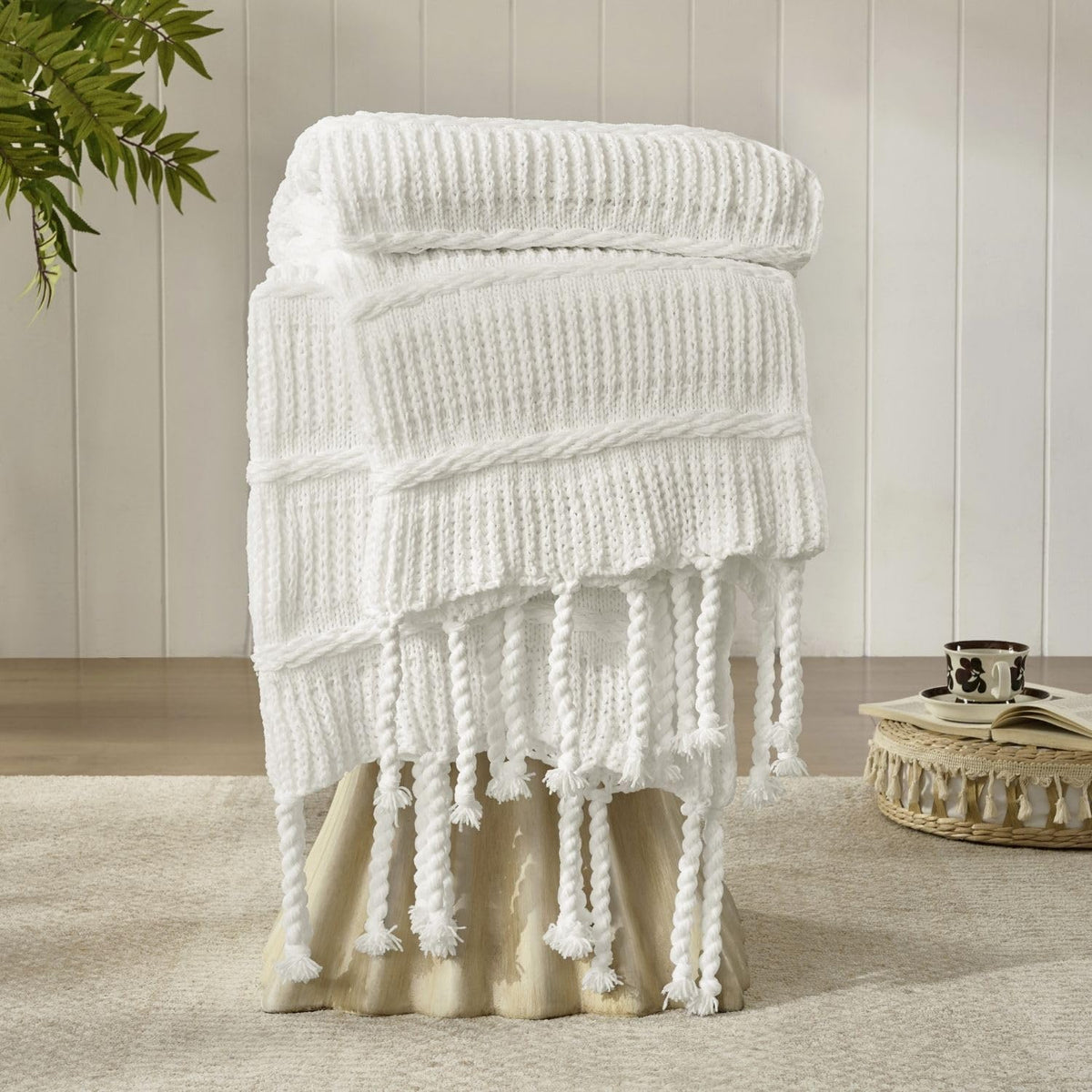 Boho Chenille Knit Throw Blanket with Tassels