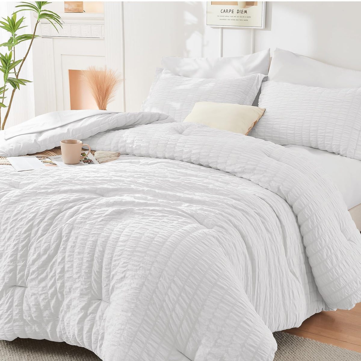 HYMOKEGE Comforter Set Seersucker 7 Pieces, All Season Luxury Bed in a Bag for Bedroom, Bedding Set with Comforters, Sheets, Pillowcases & Shams