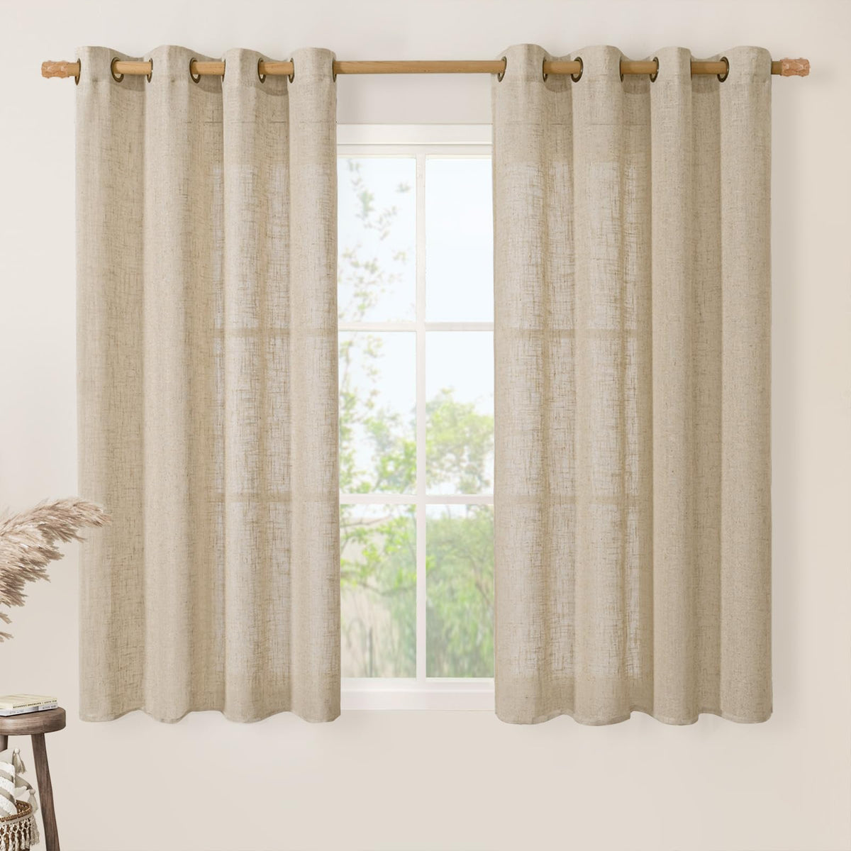 LAMIT Natural Faux Linen Curtains for Bedroom, Bronze Grommet Light Filtering Burlap Drapes, Set of 2 Panels