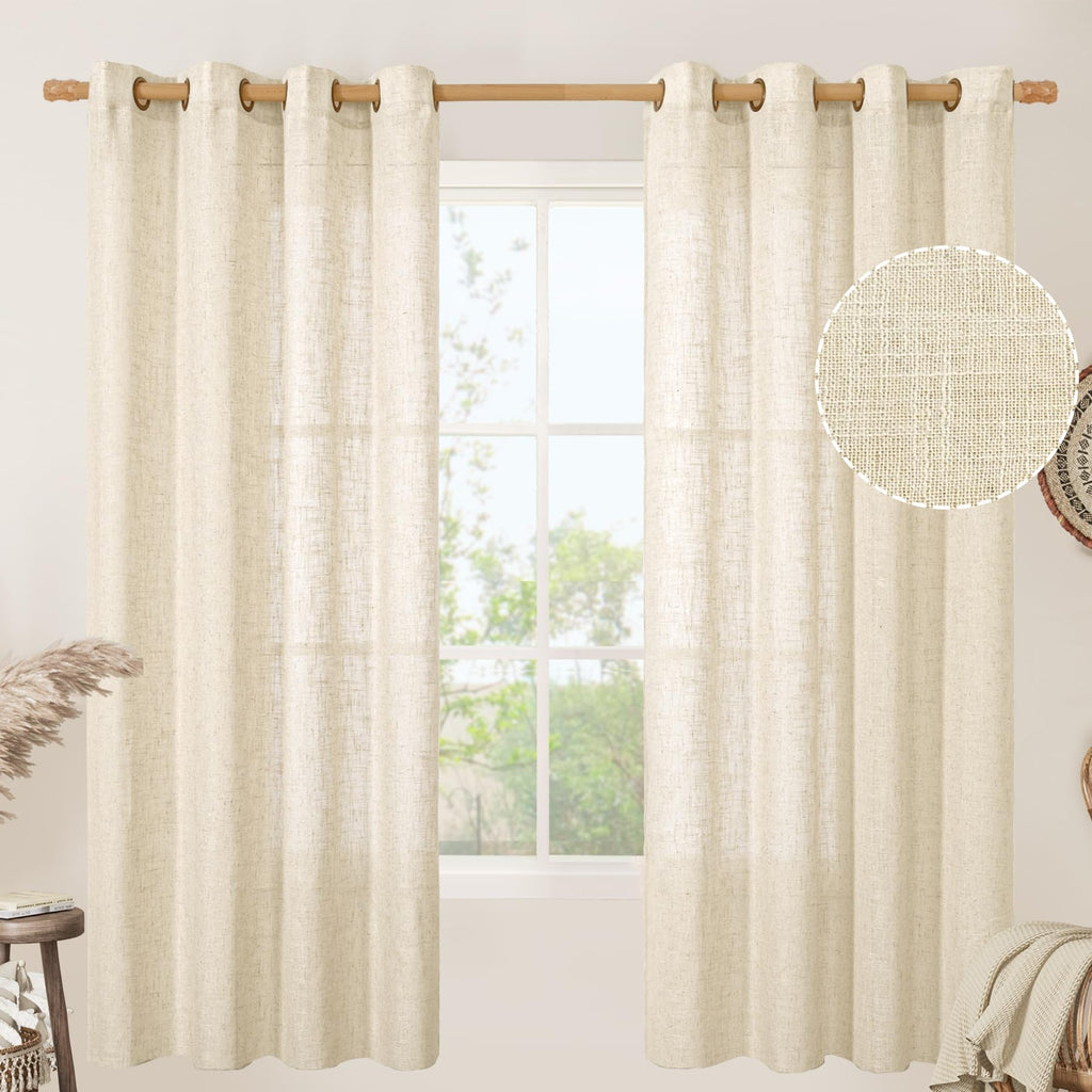 LAMIT Natural Faux Linen Curtains for Bedroom, Bronze Grommet Light Filtering Burlap Drapes, Set of 2 Panels