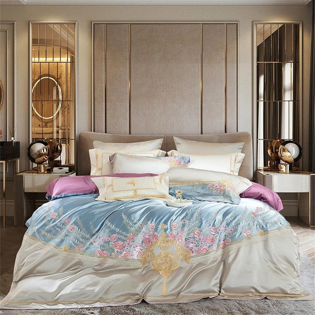 YUSIWOAL Queen King Size 8 Piece Premium Luxury Embroidery Satin Cotton Bedding Set with 800Tc Textured Weave Cover Fitted/Flat Sheet and Decor Pillows