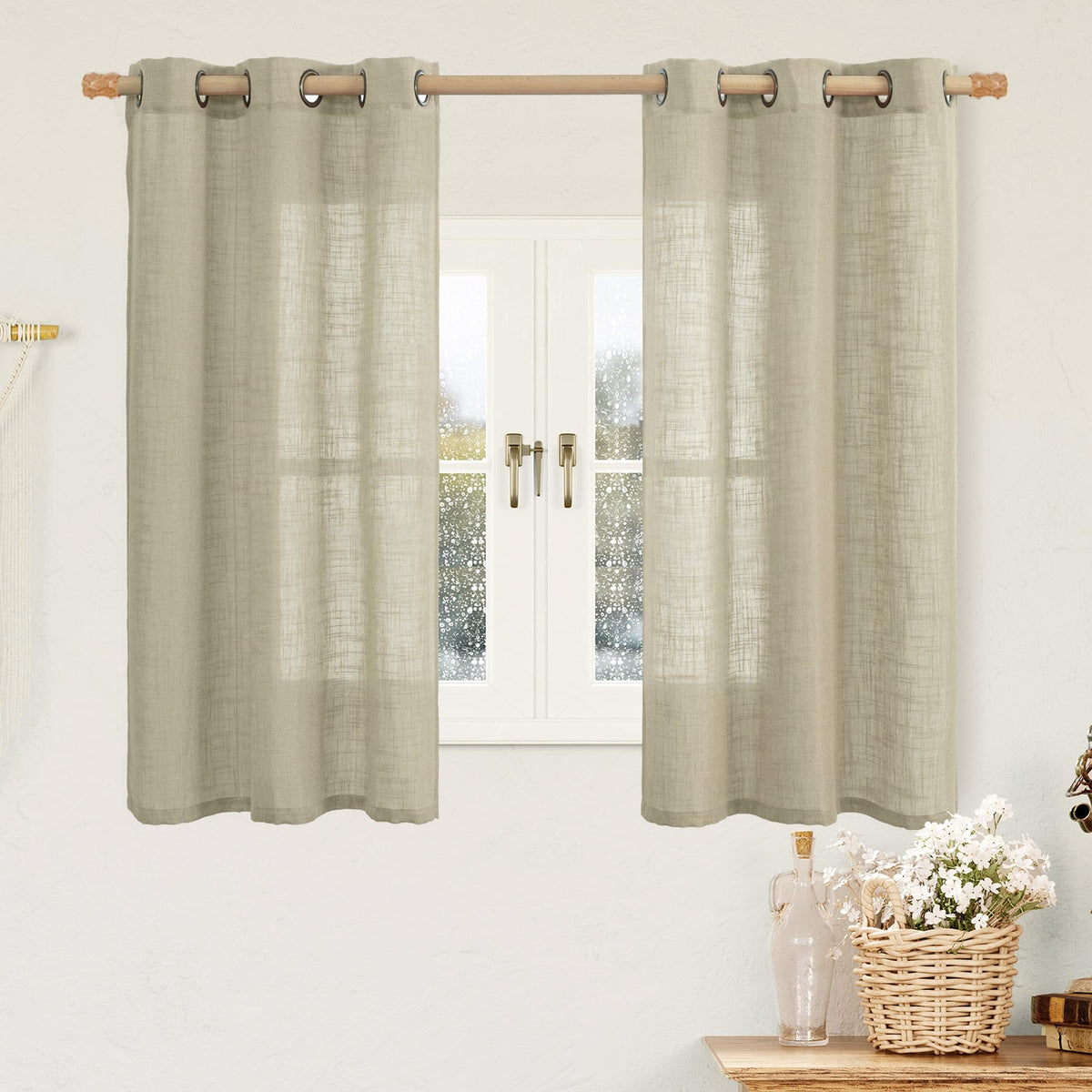 LAMIT Natural Faux Linen Curtains for Bedroom, Bronze Grommet Light Filtering Burlap Drapes, Set of 2 Panels