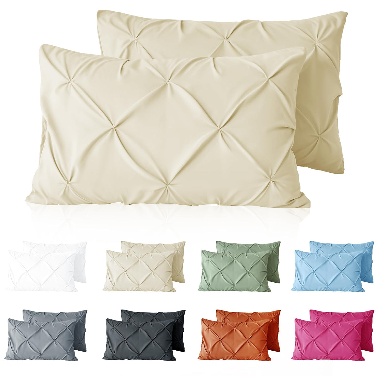 VACVELT Pintuck Pillow Cases Set of 2, Pillow Shams Decorative Pillowcases with Envelope Closure, Pinch Pleated Microfiber Pillowcases, Wrinkle and Stain Resistant
