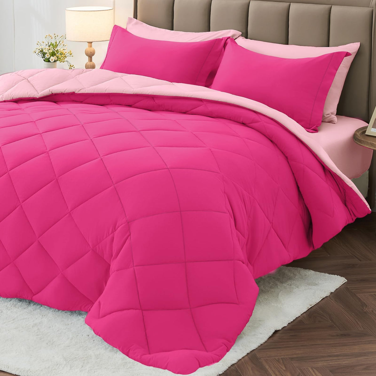 MUXHOMO 7 Pieces Comforter Set, Reversible Bed in a Bag for All Season, Bedding Set with Comforter, Flat Sheet, Fitted Sheet, Pillowcases & Shams