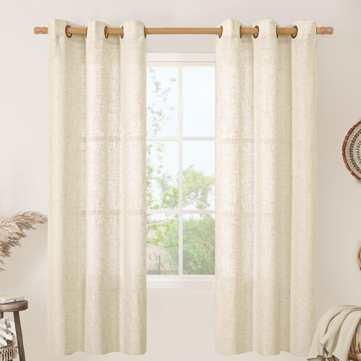 LAMIT Natural Faux Linen Curtains for Bedroom, Bronze Grommet Light Filtering Burlap Drapes, Set of 2 Panels