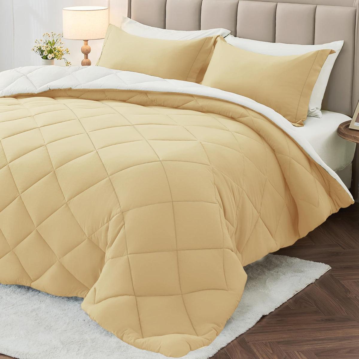 MUXHOMO 7 Pieces Comforter Set, Reversible Bed in a Bag for All Season, Bedding Set with Comforter, Flat Sheet, Fitted Sheet, Pillowcases & Shams