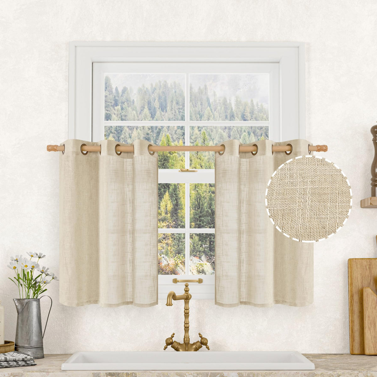 LAMIT Natural Faux Linen Curtains for Bedroom, Bronze Grommet Light Filtering Burlap Drapes, Set of 2 Panels