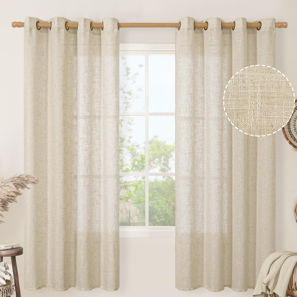 LAMIT Natural Faux Linen Curtains for Bedroom, Bronze Grommet Light Filtering Burlap Drapes, Set of 2 Panels