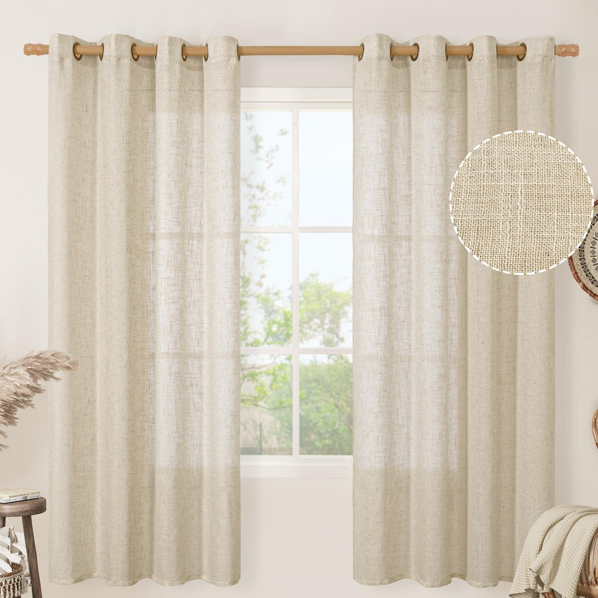 LAMIT Natural Faux Linen Curtains for Bedroom, Bronze Grommet Light Filtering Burlap Drapes, Set of 2 Panels