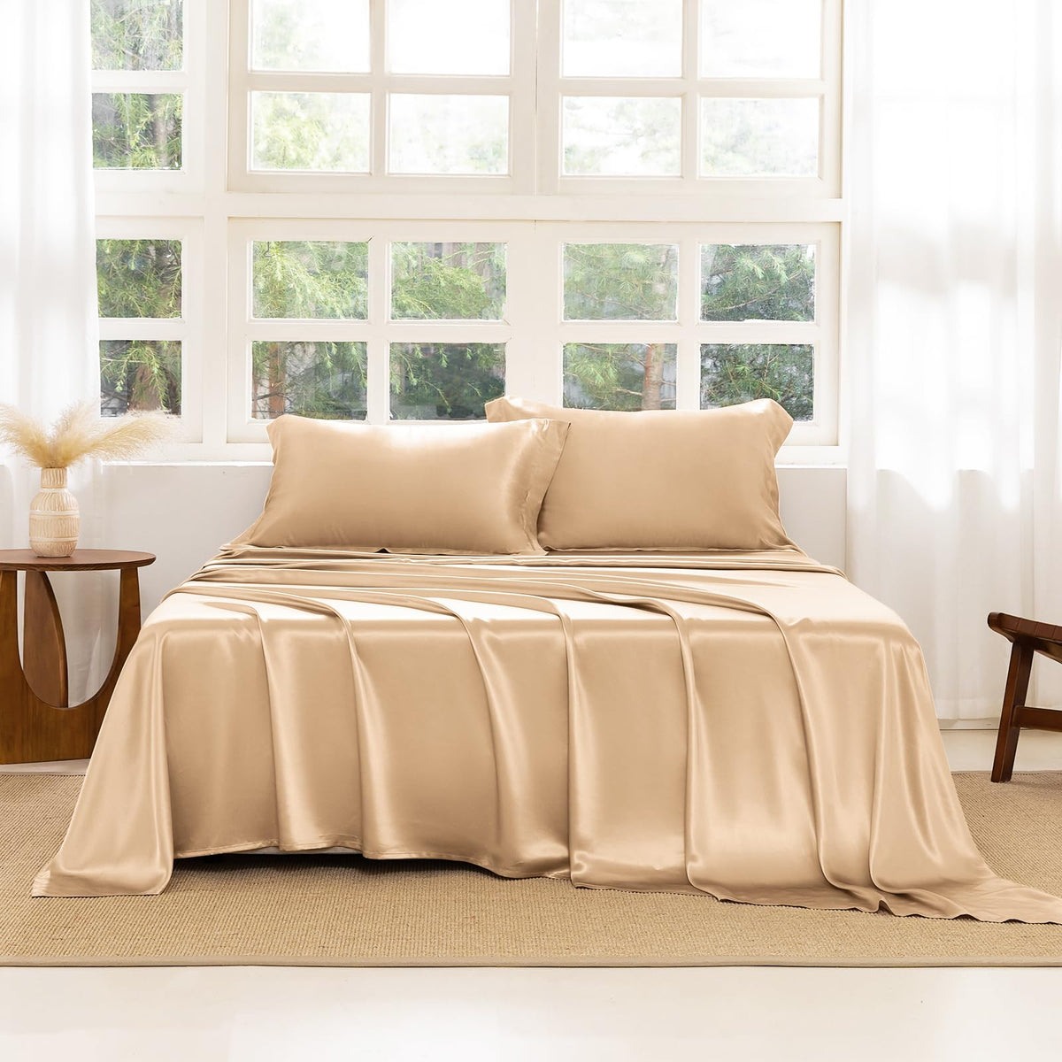 THXSILK 22 Momme Silk Sheet Set 4 Pcs, 7A+ Silk Bed Sheets, Luxury Bedding Sets -Ultra Soft, Durable-100% Top Grade Mulberry Silk