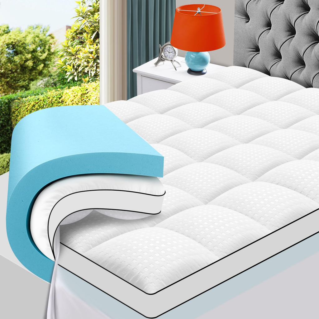 MASVIS Dual Layer 4 Inch Memory Foam Mattress Topper, 2 Inch Gel Memory Foam and 2 Inch Cooling Pillow Top Mattress Cover for Back Pain