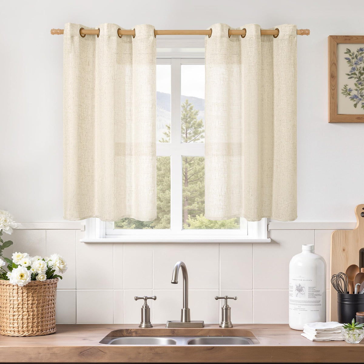 LAMIT Natural Faux Linen Curtains for Bedroom, Bronze Grommet Light Filtering Burlap Drapes, Set of 2 Panels
