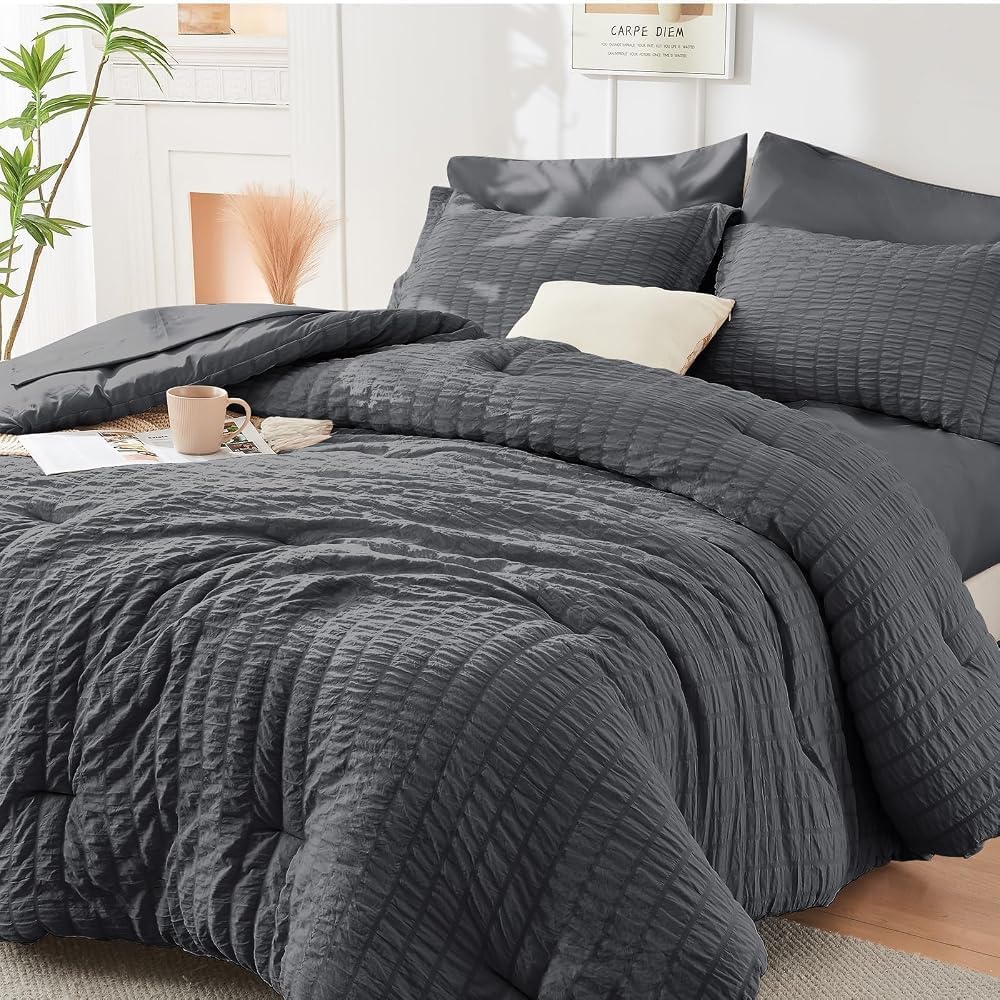 HYMOKEGE Comforter Set Seersucker 7 Pieces, All Season Luxury Bed in a Bag for Bedroom, Bedding Set with Comforters, Sheets, Pillowcases & Shams